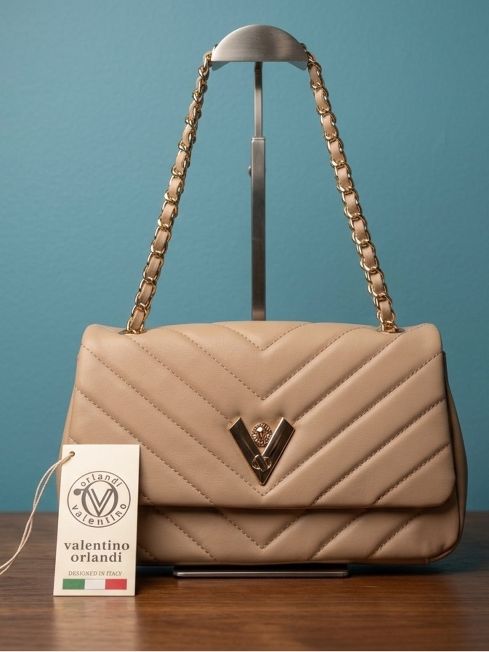 Valentino Orlandi Quilted Chevron Crossbody in Blush with Gold Hardware